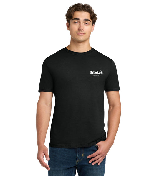 Man wearing a black t-shirt with a logo on a white background