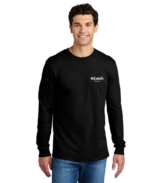 Man wearing a black long-sleeve shirt with a logo on a white background