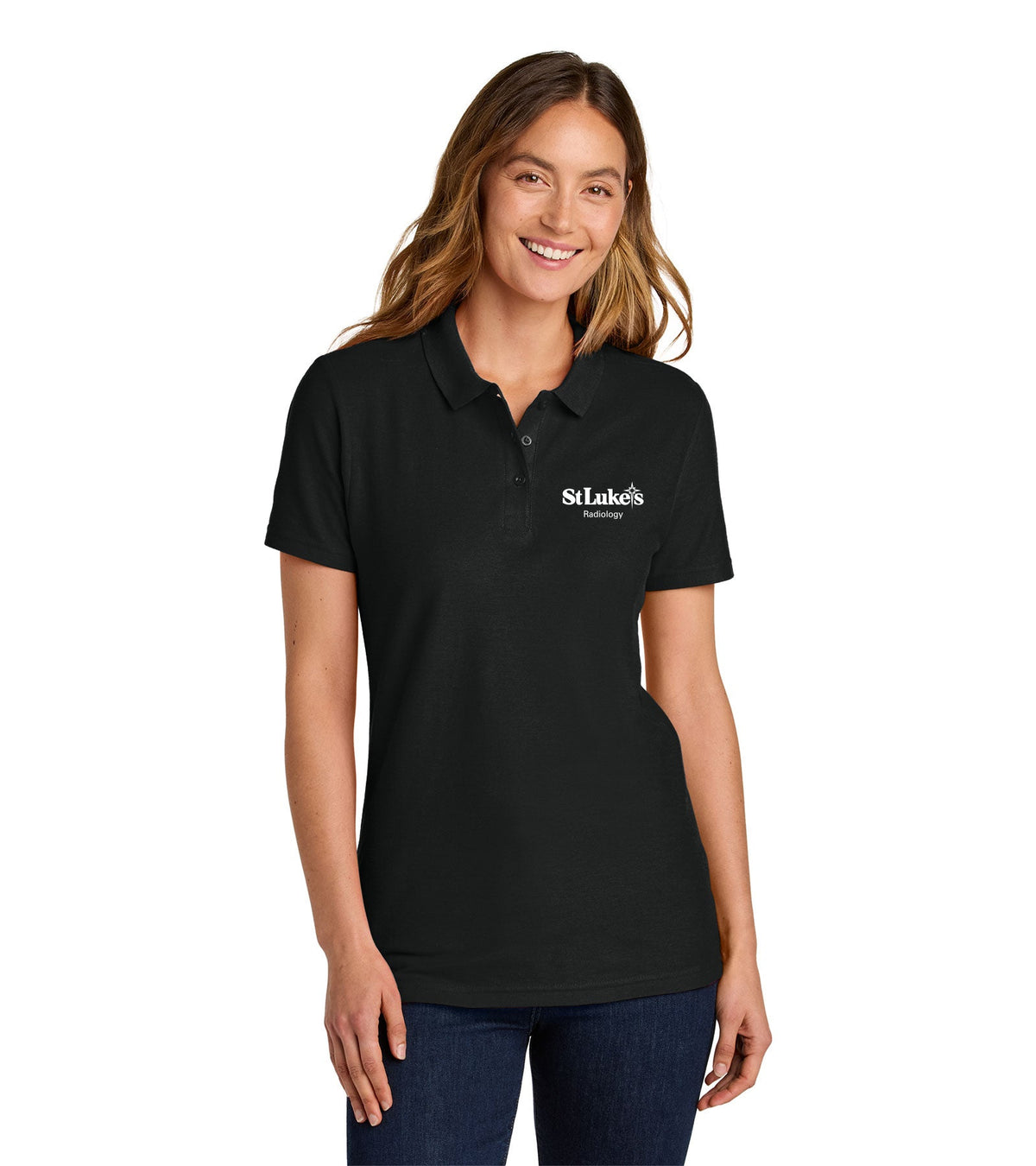 Woman wearing a black polo shirt with 'St Luke's' logo on a white background