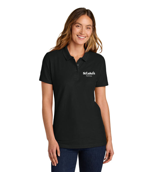 Woman wearing a black polo shirt with 'St Luke's' logo on a white background