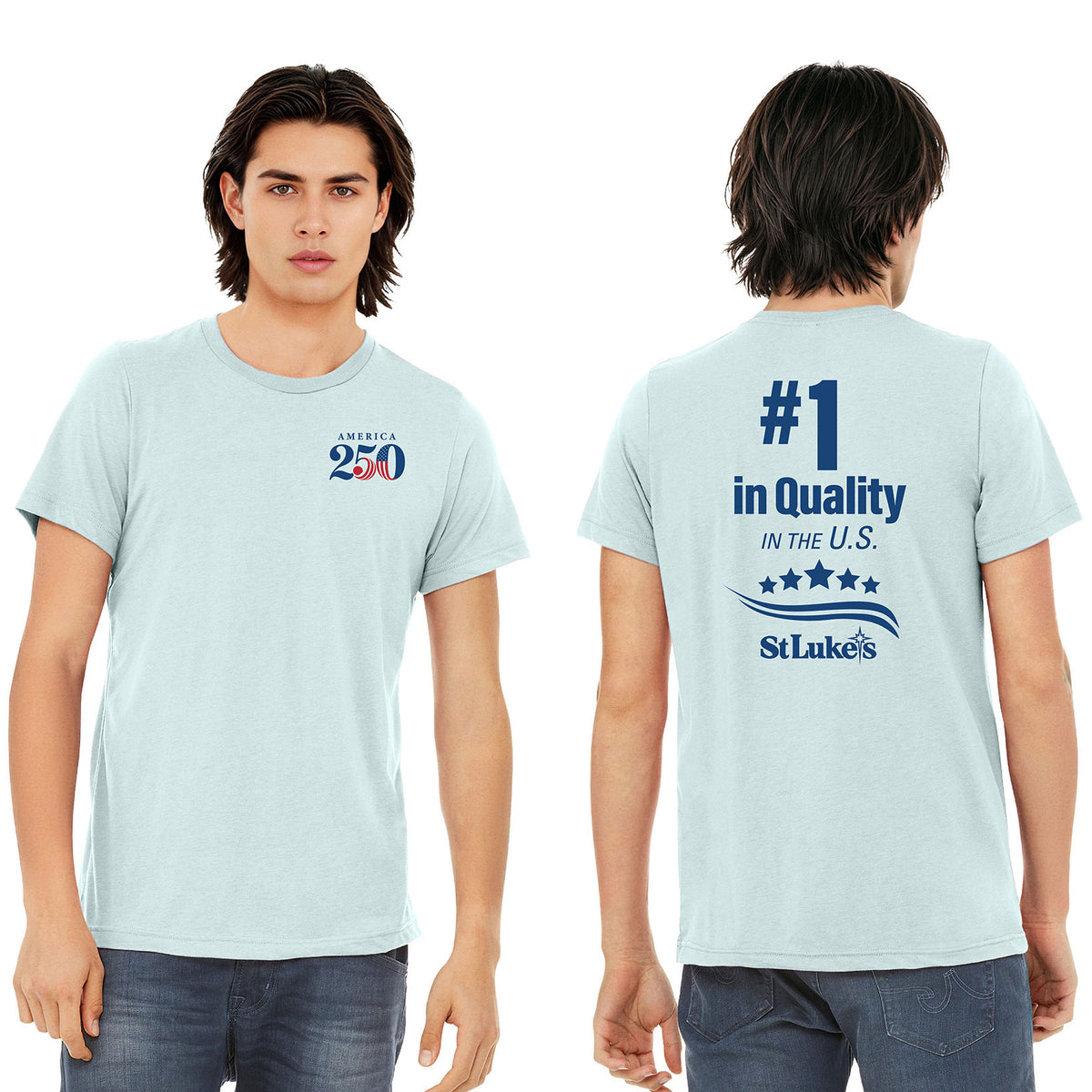 Light blue t-shirt with 'St. Luke's' branding on a white background