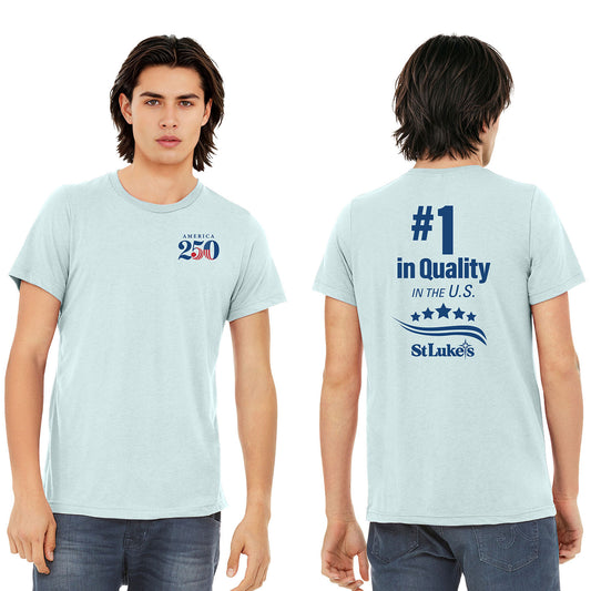 Light blue t-shirt with 'St. Luke's' branding on a white background