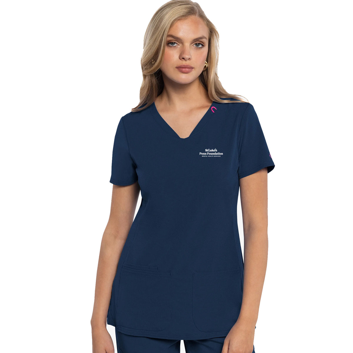 Navy blue scrub top with a logo on a white background